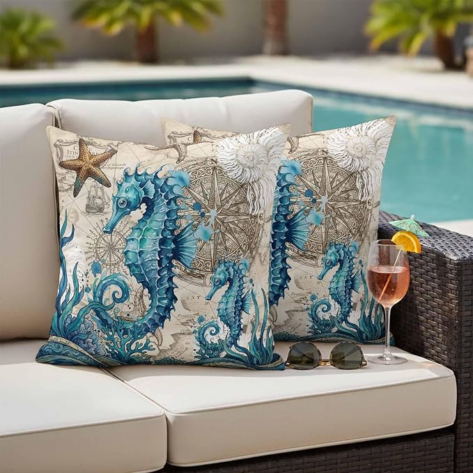 Nautical Coastal Outdoor Pillow Covers 26x26 Inch Throw Pillow Covers Set of 2 Waterproof Decorative Pillow Cases Retro Marine Life Seahorse Compass Map Beige Cushion Covers for Patio Furniture Garden