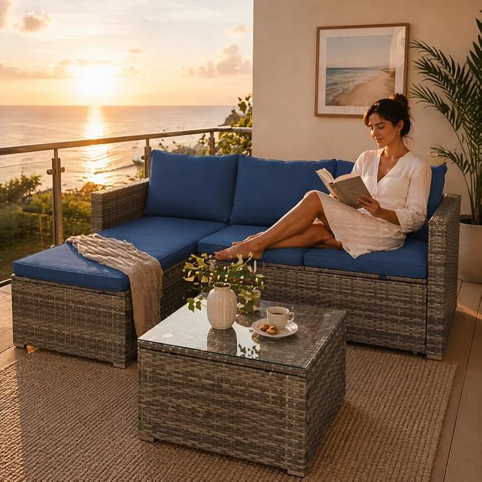 SUNLEI Small Outdoor Sofa Patio Furniture Set with Detachable Cushions, 3 PCS Patio Sectional Sofa with Coffee Table & 5 Position Adjustable,PE Rattan Patio Conversation Set, Silver Rattan/Royal Blue