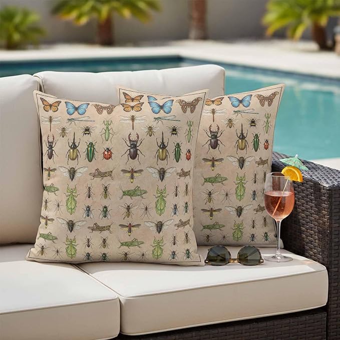 Outdoor Waterproof Throw Pillow Covers Set of 2 Insects Biographies Pillowcases 16x16 Inches Butterfly Dragonfly Decorative Pillows Cushion Case Patio Pillows for Couch Bed Chair Garden