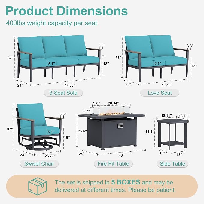 Aluminum Outdoor Patio Furniture Set with Swivel Rocking Chairs 7-Seat, Patio Sectional Sofa Patio Conversation Set with 55,000 BTU Fire Pit Table High Backrest & Thickened Cushions, Turquoise