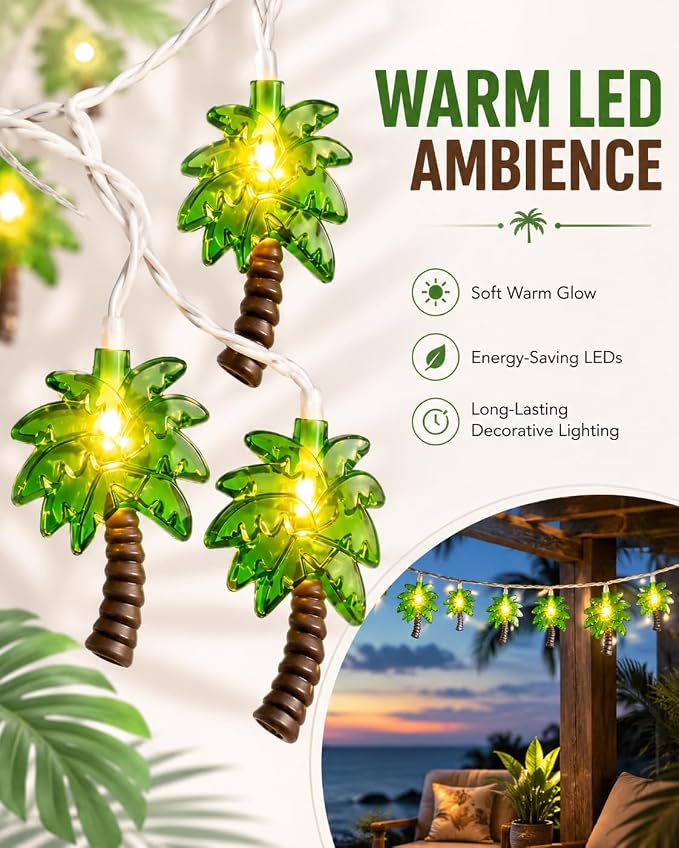 Palm Tree String Lights, Summer Patio String Lights with 10 Palm Tree Light | 8.5Ft Plug in Indoor Fairy Lights for Outdoor Indoor Beach Tropical Party Bedroom Birthday Decor, White Wire