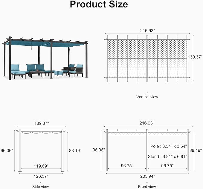 PURPLE LEAF 12' X 18' Outdoor Pergola with Retractable Canopy Aluminum Shelter for Porch Garden Sun Shade Pavilion Grape Trellis Grill Gazebo Modern Backyard Deck Metal Patio Pergola Turquoise Blue