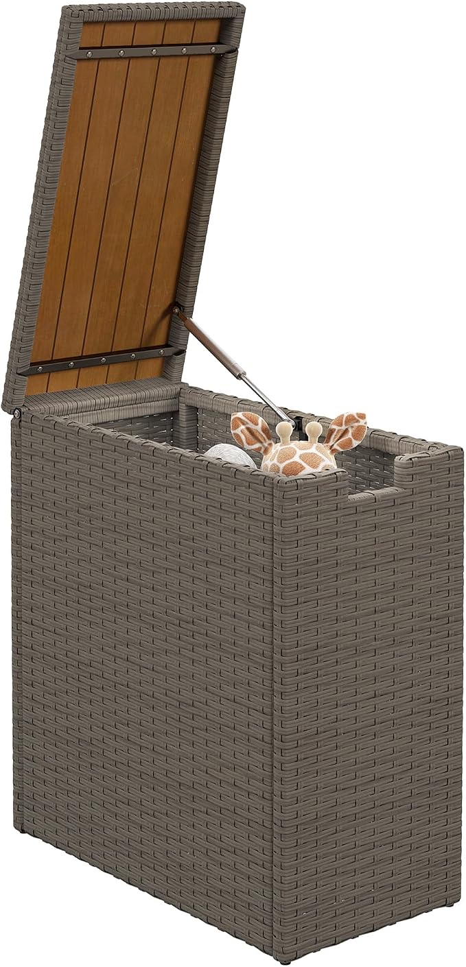 Deck Storage Box, Teak 17-Gallon Wicker Outdoor Storage Bin with Acacia Wood Top, Patio Storage Chest for Cushions Garden Tools Backyard Porch Deck