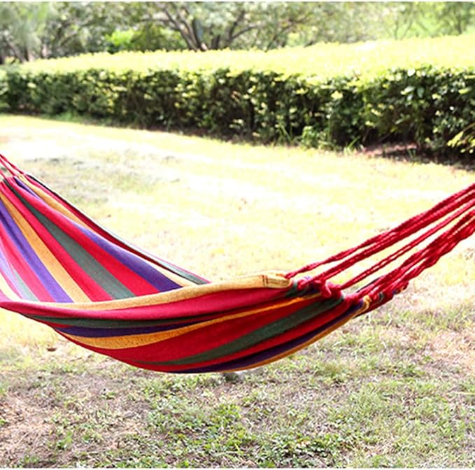 Toddmomy Outdoor Camping Striped Hammock Portable Canvas Hammock for Garden Indoor Use Lightweight Comfortable Easy to Assemble for Hiking Traveling Relaxation European Rainbow