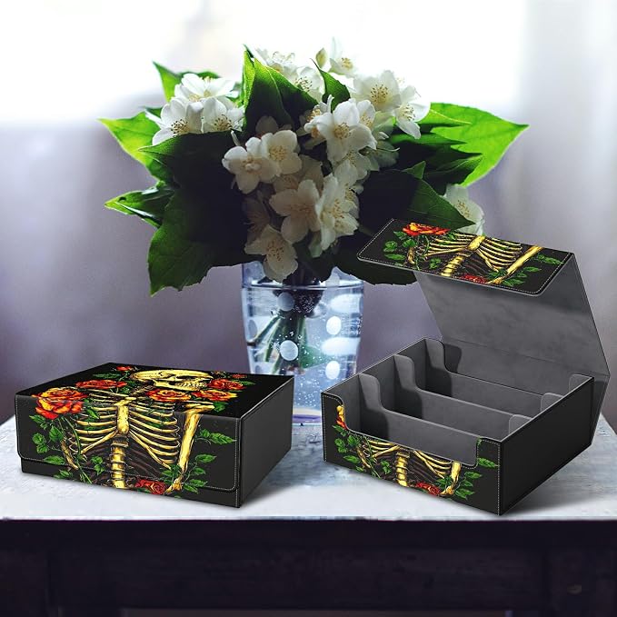 Card Deck Box for MTG, Cards Storage Box Fits 120+ Sleeved, Leather Big Size Strong Magnetic Closing Case for Board Games Magic TCG CCG Baseball Collection Women Man, Skull Red Rose