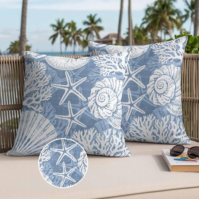 Outdoor Pillow Covers 24x24 Inch Set of 2, Lake Blue Starfish Coastal Waterproof Throw Pillow Covers, Summer Coral Shell Beach Nautical Decorative Cushion Pillowcases for Couch Sofa Bed Garden Patio