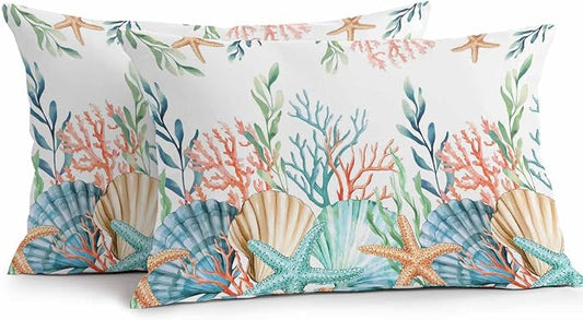 Lumbar Pillow Covers 20x12 Inch Set of 2, Marine Life Waterproof Outdoor Pillow Covers, Nautical Underwater Coral Shell Starfish Watercolor Decorative Cushion Pillowcases for Couch, Sofa, Bed, Patio