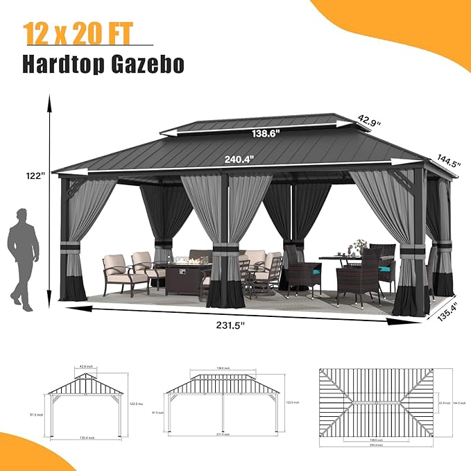 ALAULM 12'x20' Hardtop Gazebo, Outdoor Double Roof Canopy with Netting and Curtains, Galvanized Metal Frame, Sunshade for Patio, Backyard, Deck and Lawns-Gray