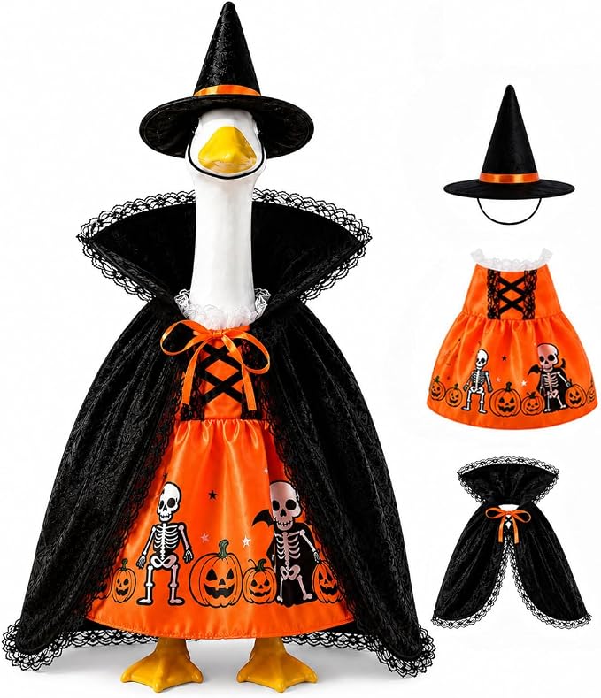 STONESTAR Halloween Porch Goose Outfits for 23'' Lawn Geese Statue Goose Costume with Pumpkin Dress Witch Hat Lace-Trim Cape, Outdoor Garden Goose Decor for Patio Yard Lawn Art Halloween Ornament