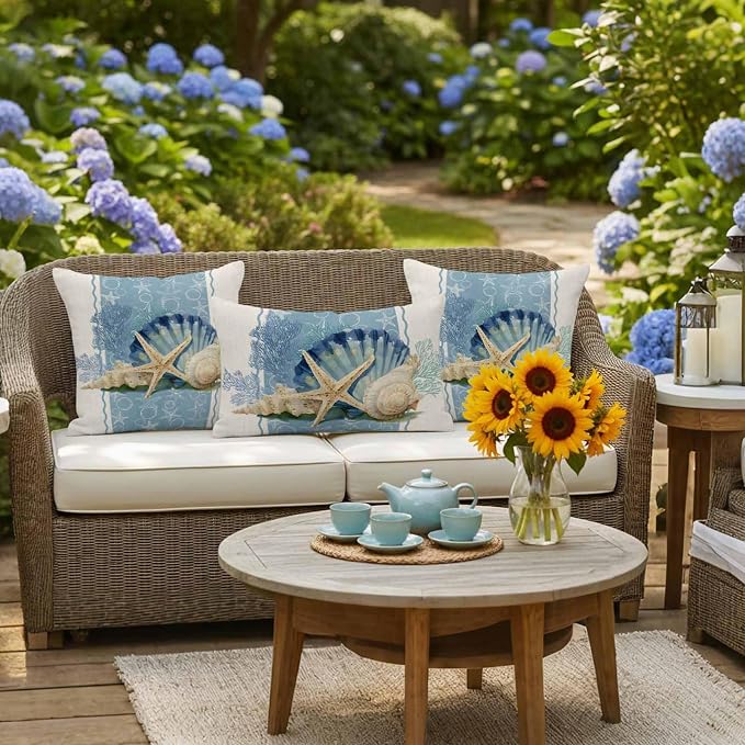 Coastal Oceans Waterproof Outdoor Pillow Covers Set of 2 Home Decor, Summer Beach Corals Shells Starfish Cotton Linen Pillowcase Patio Pillow Covers for Couch Bench Furniture Garden 24x24in