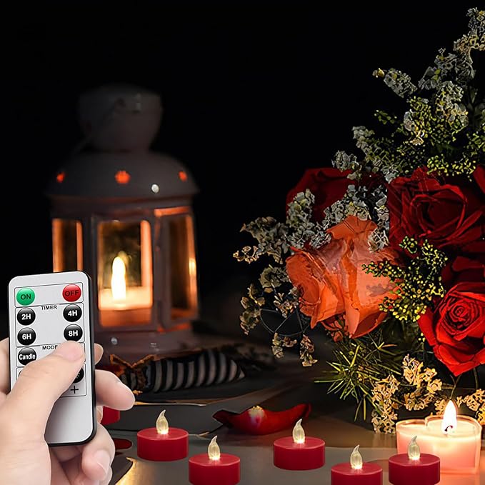 5pack Remote Control LED Tea Lights Battery Operated Flameless CandlesRealistic and Bright Flickering Long Lasting 400 Hours Electric Candles for Christmas Home Party Wedding Decor (Red)