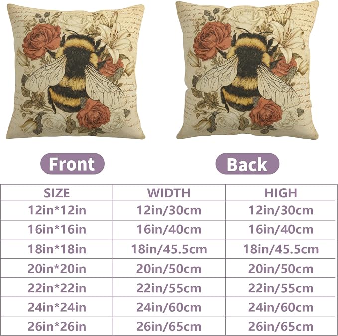 Vintage Bee Pillow Covers Spring Summer Throw Pillow Covers 18x18 Bumblebee with Rose Lily Flower Pillow Cases Retro French Script Honeybee Floral Cushion Cases for Home Sofa 2 Pack