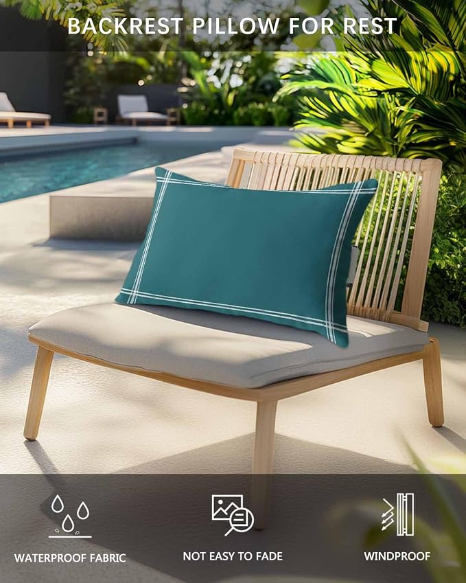 Outdoor Pillow for Lounge Chair with Strap & Insert Solid Color Recliner Head Pillow Turquoise Waterproof Headrest Patio Lumbar Pillows for Beach Pool Office Chaise Chair 12x20 Inch