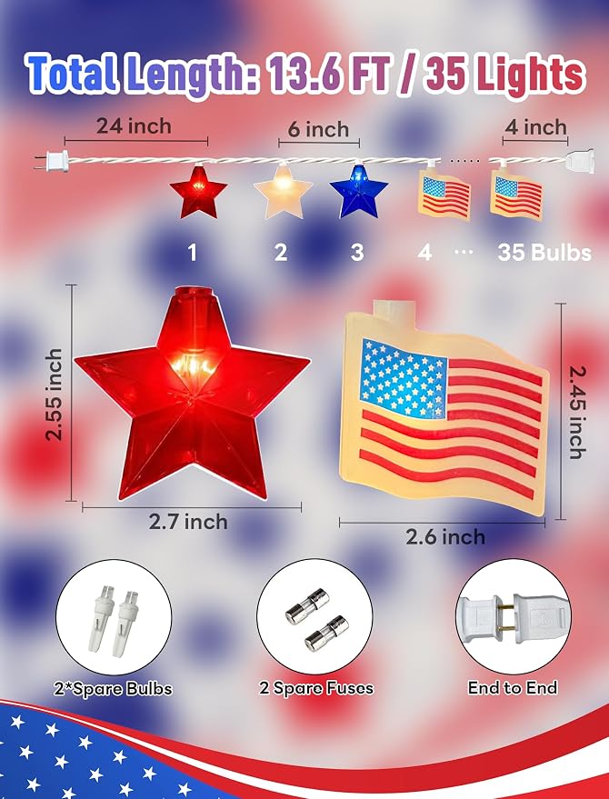 35 LED Red White Blue String Lights, 13.6FT 4th of July Decoration Lights with Patriotic Star & American flag Lights, Connectable Independence Day Lights for Window Home Patio Party Garden Decor
