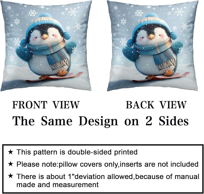 Winter Pillow Covers 22x22 Set of 2 Adorable Skiing Penguins Throw Pillow Covers Snowflakes Pillow Case Double Sided Printing Cushion Case for Home Decor Couch Sofa