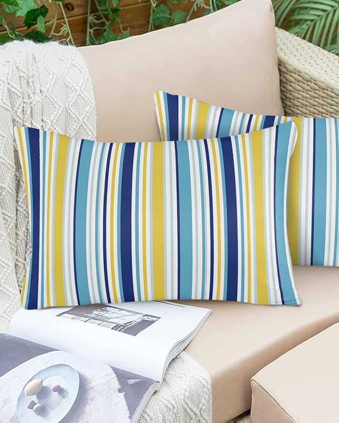 Blue Yellow Striped Outdoor Waterproof Pillow Covers, Farmhouse Navy Blue Ombre Stripes Decorative Rectangle Throw Pillowcase Sofa Cushion Sham for Patio/Couch/Chair, 20"x12" 2 Pack