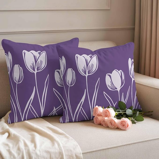 Purple Flower Waterproof Outdoor Pillow Covers Set of 2 Home Decor, Country Garden Floral Aesthetics Plant Pillowcase Patio Pillow Covers for Couch Bench Furniture Garden 24x24in