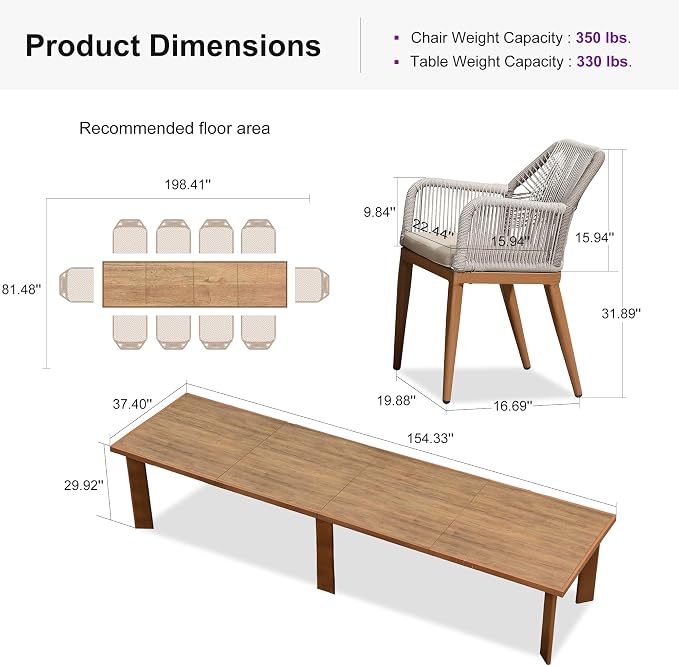 PURPLE LEAF 11 Pieces Patio Dining Set Aluminum Modern Oversize Rectangular Table and Rattan Arm Chairs with Cushions for Kitchen Porch Garden Outdoor Furniture Sets