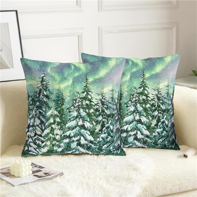 Winter Aurora Pillow Covers 20x20 Set of 2 Snowy Pine Tree Throw Pillow Covers Green Polar Light Forest Pillow Case Double Sided Printing Cushion Case for Home Decor Couch Sofa