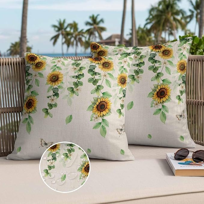Sunflowers Butterfly Waterproof Outdoor Pillow Covers Set of 2 Home Decor, Spring Floral Pastoral Rustic Pillowcase Patio Pillow Covers for Couch Bench Furniture Garden 20x20in
