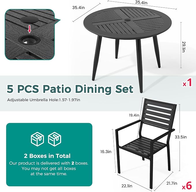 Pamapic 5-Piece HDPE Round Outdoor Dining Set, All-Weather Patio Furniture Set with Powder-Coated Iron Frame, Outdoor Table & 4 Stackable Chairs for Garden, Backyard, Poolside, Deck