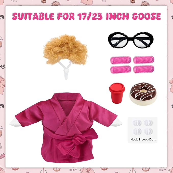 Porch Goose Robe Outfit Set for 23 Inch Goose Statue, Pink Flannel Bathrobe with Wig Curlers Coffee Cup Donut Glasses, Funny Home Relaxing Goose Clothes Decor (Pink)