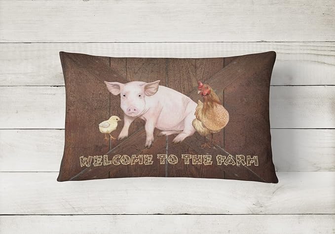 Caroline's Treasures SB3083PW1216 Welcome to the Farm with the pig and chicken Canvas Fabric Decorative Pillow 100% Machine Washable Pillow, Indoor or Outdoor Decorative Throw Pillow for Couch, Bed or