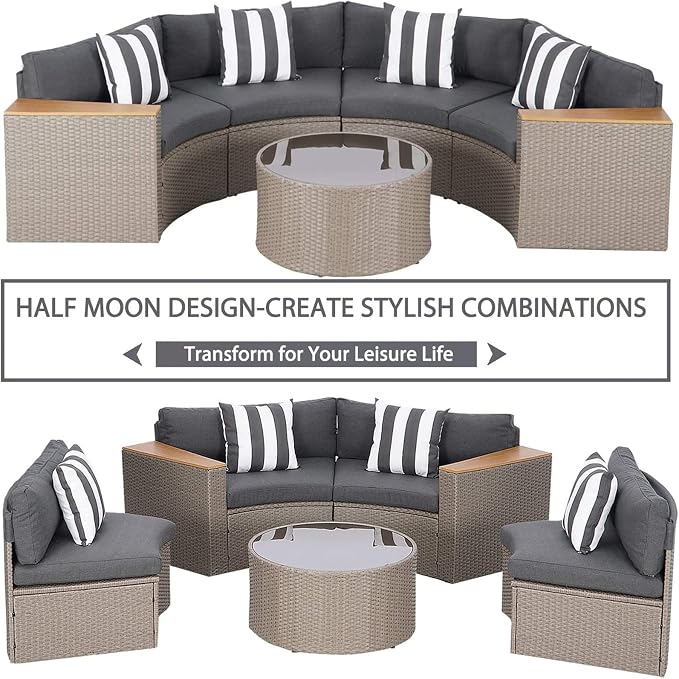 Incbruce Outdoor Half Moon Patio Furniture 5-Piece Curved Outdoor Sofa, All-Weather Outdoor Sectional Furniture Patio Conversation Sets with Round Tempered Glass Top Table (Grey Cushions)