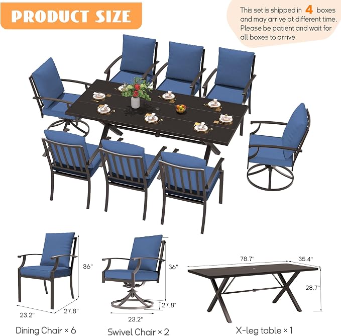 9-Piece Patio Dining Set Outdoor Conversation Set,Metal Outdoor Furniture Set with Umbrella Hole Cut-Out 78.7" x 35.4" Table and 8 Metal Chairs for Backyard,Garden,NavyBlue