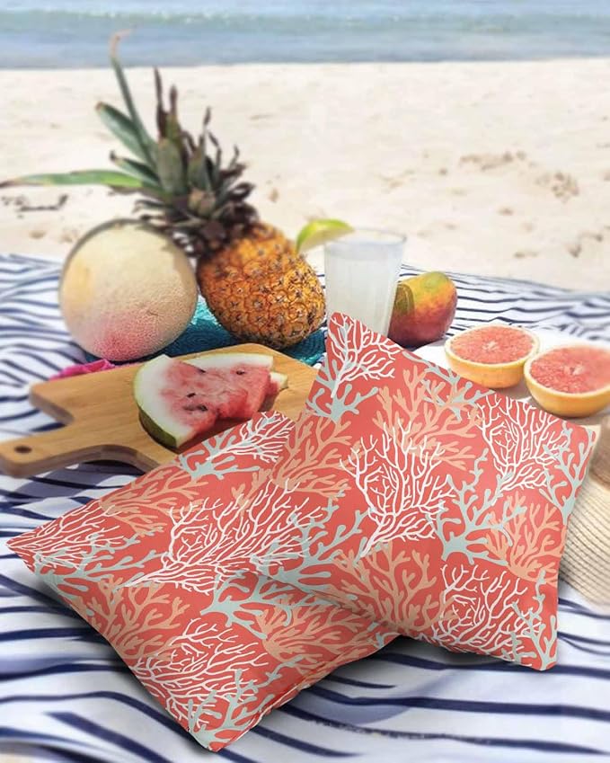 Outdoor Waterproof Throw Pillow Covers Set of 2 Red Orange Coral Pillowcases 20x20 Inches Nautical Coastal Marine Life Patio Decorative Pillows Cushion Case Patio Pillows for Couch Bed Chair Garden