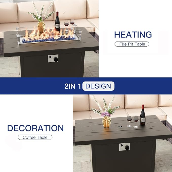 Aluminum Outdoor Patio Furniture Set,5 Pieces 8 Seats Patio Conversation Sets with 45" Propane Fire Pit Table,Metal Patio Sectional Furniture Set w/5.1" Cushions for Porch,Deck,Backyard,Sand
