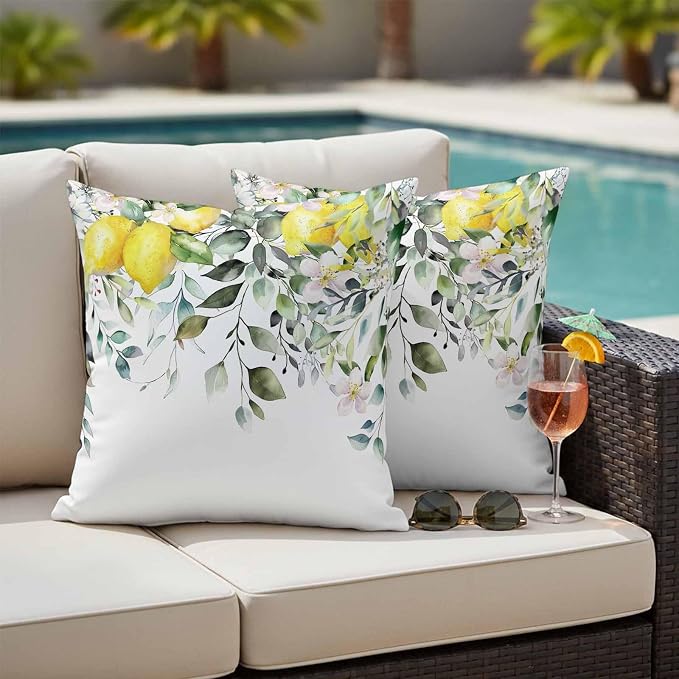 Rustic Floral Plant Outdoor Waterproof Throw Pillow Covers Set of 2, 16"x16", Green Eucalyptus Leaves Sage Lemon White Decorative Pillow Covers Outside Cushion Case for Patio Porch Garden