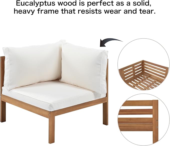 L-Shaped Wood Structure Patio Outdoor Sofa Set with Coffee Table and Cushion, Water Resistant Acacia Wood Sofa for Patio, Lawn, Yard, Pool or Backyard, Beige Cushion