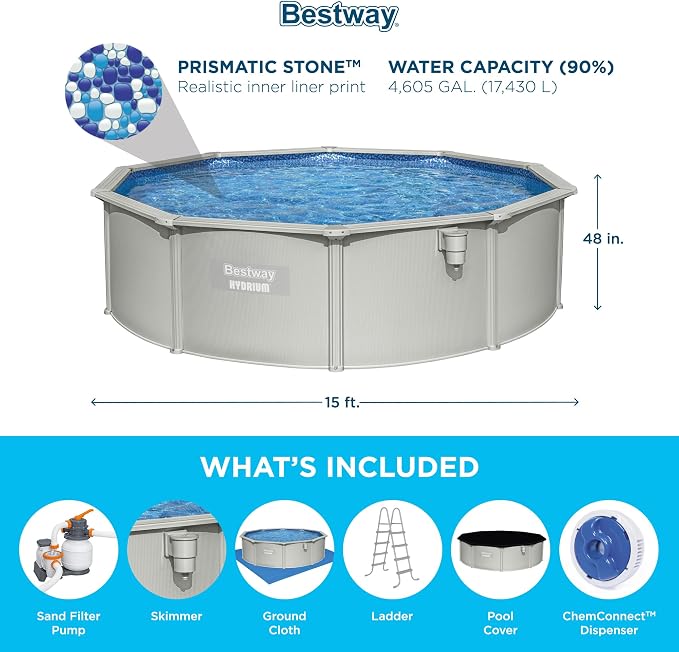 Bestway 2 Pack Hydrium Above Ground Swimming Pool, 15' x 48" Round Steel Wall Pool Set with Sand Filter Pump, Chemical Dispensers, and Accessories