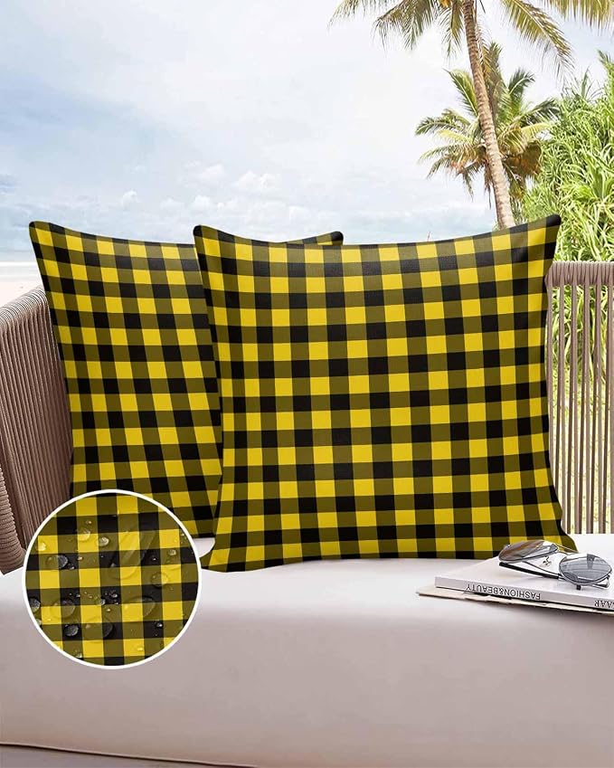 Outdoor Waterproof Throw Pillow Covers Set of 2 Yellow Buffalo Plaid Pillowcases 16x16 Inches Pastoral Black Checked Decorative Pillows Cushion Case Patio Pillows for Couch Bed Chair Garden