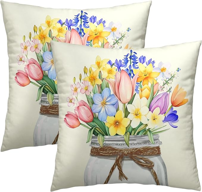 Spring Floral Pillow Covers 16x16, 2Pcs Set Easter Colorful Wildflowers Leaves Mason Jar Nature Seasonal Pillow Cases Soft Cotton Square Cushion Cover for Couch Bed Sofa Home Decor