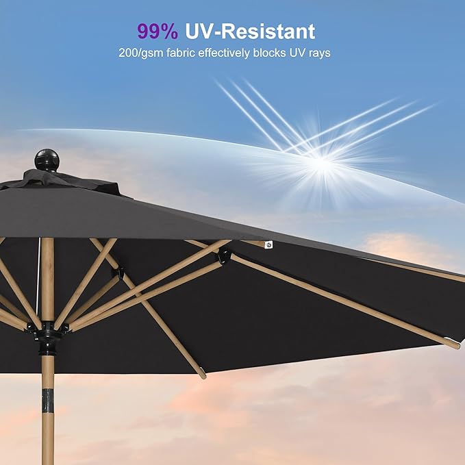 PURPLE LEAF 9 Feet Patio Umbrella with Base Market Umbrella Round Outdoor Umbrella with Push Button Tilt & Crank and 8 Ribs Aluminum Table Umbrella for Pool Backyard Beach, Black