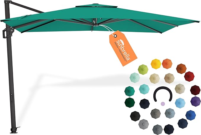 Midtown Umbrellas 9 x 9 Ft Outdoor Cantilever Patio Umbrella w/Sunbrella Canvas Teal Fabric - 360° Rotate Offset Patio Umbrella, Deck Patio Umbrella, Backyard Umbrella & Garden Umbrella - Black Frame