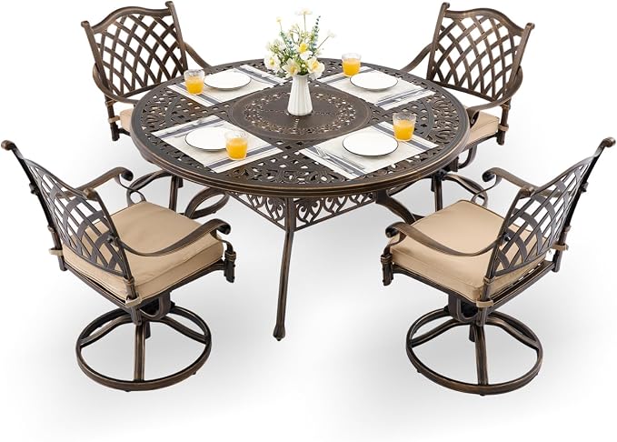5-Pcs Cast Aluminum Patio Dining Set with 4 Swivel Chairs,Bronze | Outdoor Furniture Set Include 54" Round Dining Table and 4 Swivel Chairs with Cushions & Umbrella Hole