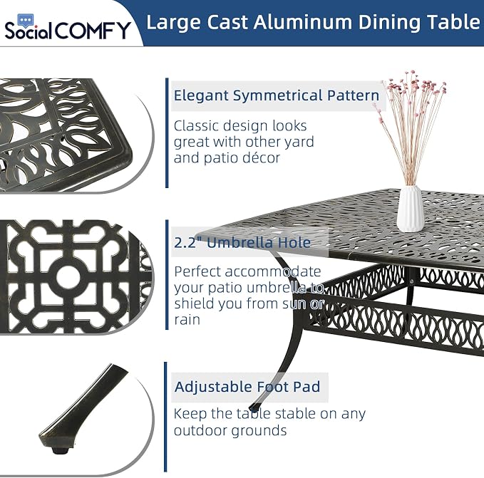 9-Piece Patio Cast Aluminum Dining Set, Outdoor Dining Furniture Set for 8 Person, Includes 64" Square Table and 8 Swivel Rocker Chairs with Umbrella Hole for Patio Deck Garden, Tan