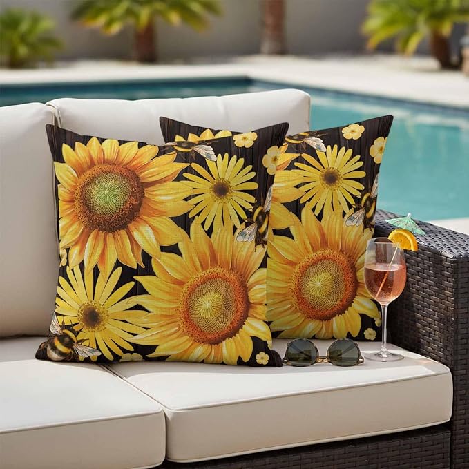 Outdoor Throw Pillow Covers,Yellow Sunflower Daisy Flower Waterproof Decorative Pillowcases Cushion Cover Spring Rustic Floral Bee Black Pillow Cases for Patio Couch Sofa Bed,18x18in Set of 2