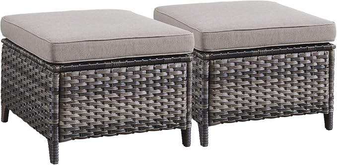 Rilyson Luxury Outdoor Wicker Patio Ottomans Set of 2, 250 lbs Capacity Rattan Large Ottomans for Patio Footrest Set 22.8in*22.8in*14in with 3.5in Thick Cushion (Mixed Grey/Grey)