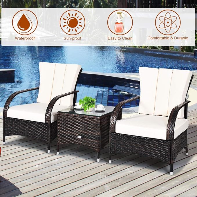 Tangkula 3-Piece Patio Conversation Set, Ourdoor Wicker Furniture Set, Rattan Coffee Table & Chairs Set with Cushions, Outdoor Conversation Set for Garden Balcony Backyard (Cream)