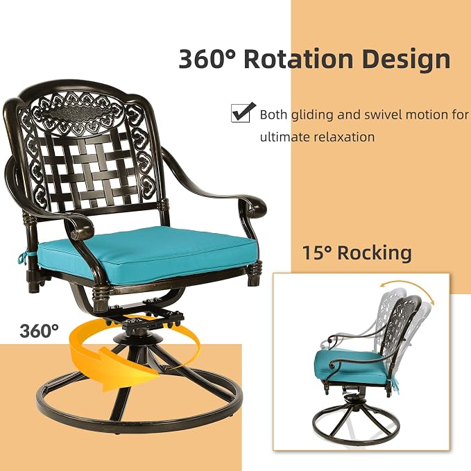 3-Piece Outdoor Patio Dining Set, All-Weather Cast Aluminum Patio Furniture Set for Backyard Garden Deck with 2 Swivel Cushioned Chairs and 35.4” Round Table, 2" Umbrella Hole, Ocean Blue