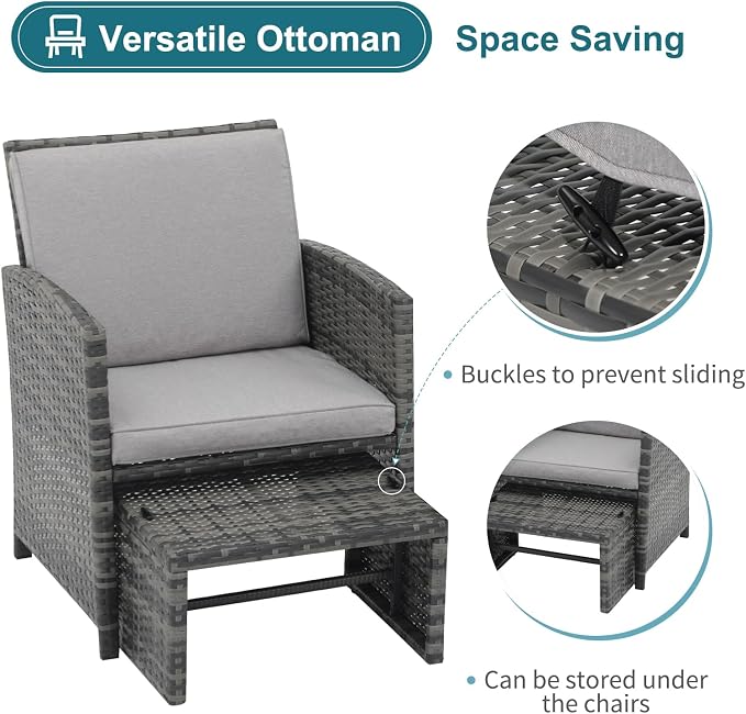 OC Orange-Casual 6 Piece Patio Furniture Conversation Set with Ottoman, Outdoor Grey Wicker Chair and Table Set, Balcony Furniture for Apartments, Light Grey