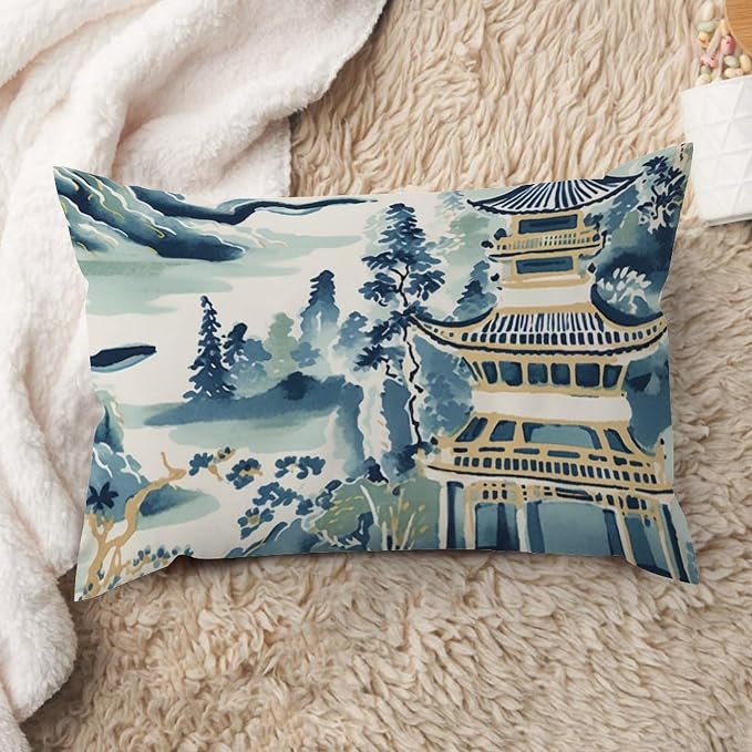 Blue and White Chinoiserie Pagoda Asian Rectangular Cushion Cover Ming Rain Chinoiserie Throw Pillow Cover Classic Modern Decorative Pillow Covers for for Couch Sofa 16x24in
