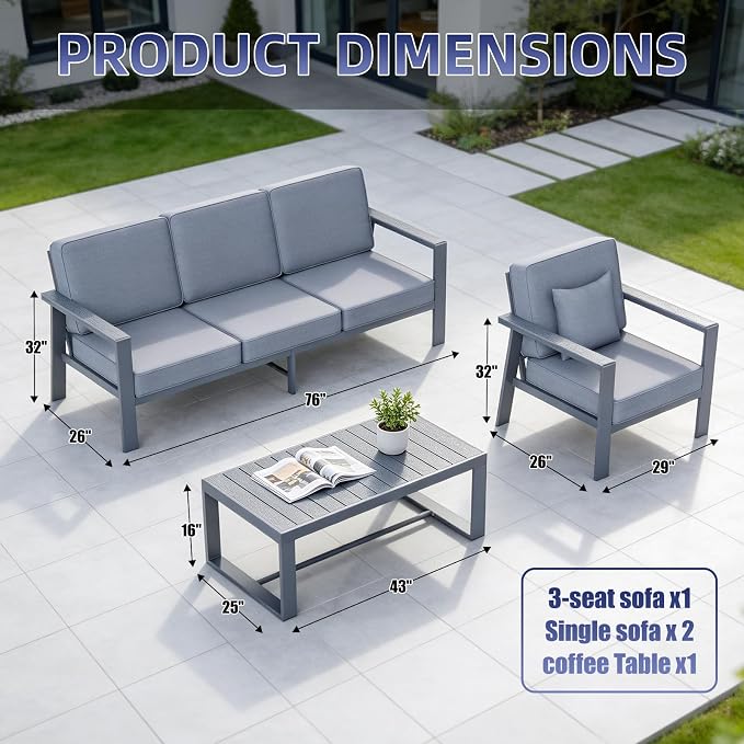 Premium Aluminum Patio Furniture Set 4 Piece,Outdoor Conversation Set with Wide Armrest,5" Thick Cushions, Olefin Fabric,Rustproof Metal Frame,Deep Seating Patio Sofa Set for Backyard,Deck,villa,Gray