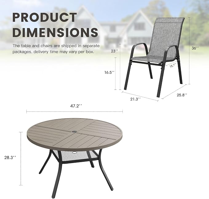 5 Pieces Outdoor Dining Set, 40.7" Spliced Patio Table with Umbrella Hole & Stackable Outdoor Dining Chairs, Patio Furniture Set for Deck Garden Porch, Grey Chairs & Grey Table