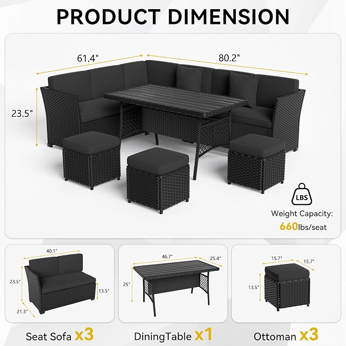 Patio Furniture Set, 7 Pieces Outdoor Dining Sets, All Weather Rattan Conversation Set, Outdoor Dining Sectional Sofa with Large Dining Table, Ottoman (Black-Black, A-7 Pieces)