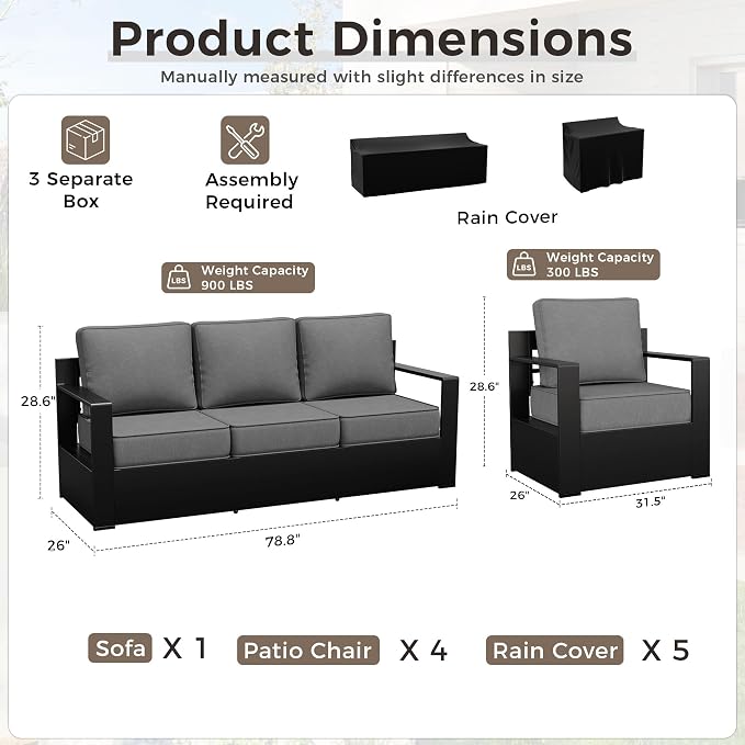 Outdoor Patio Furniture Set, 5-Piece Aluminum Patio Conversation Set All-Weather Metal Outdoor Sectional with 6 Inch Thick Cushions, Deep Setting for Garden, Outside and Porch, Grey